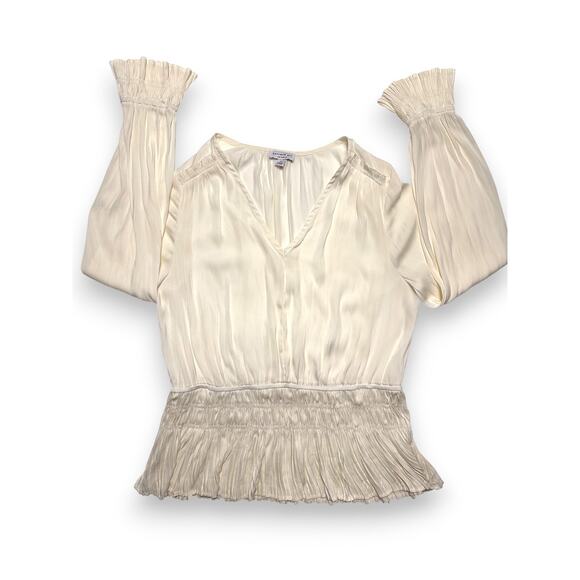 Current Air Ivory Pleated Peplum Smocked Waist Blouse Size Large - Picture 9 of 10